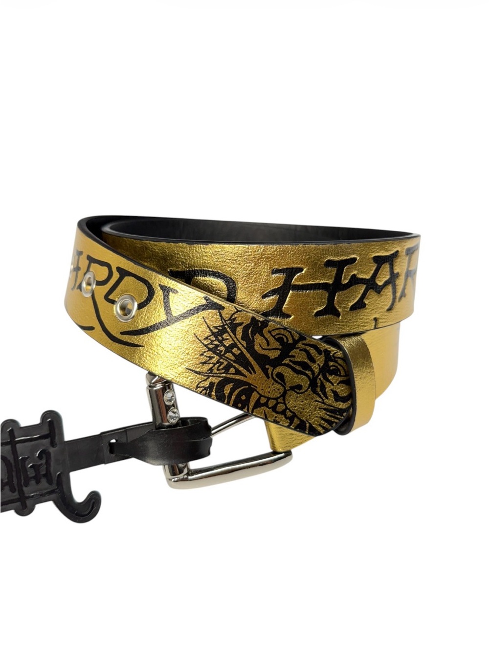 Ed Hardy Metallic Gold Tiger Graphic Rhinestone Buckle Belt Size 36 Y2K